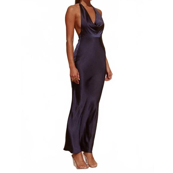 Satin Halter Maxi Dress in Navy Blue - Picture 3 of 3